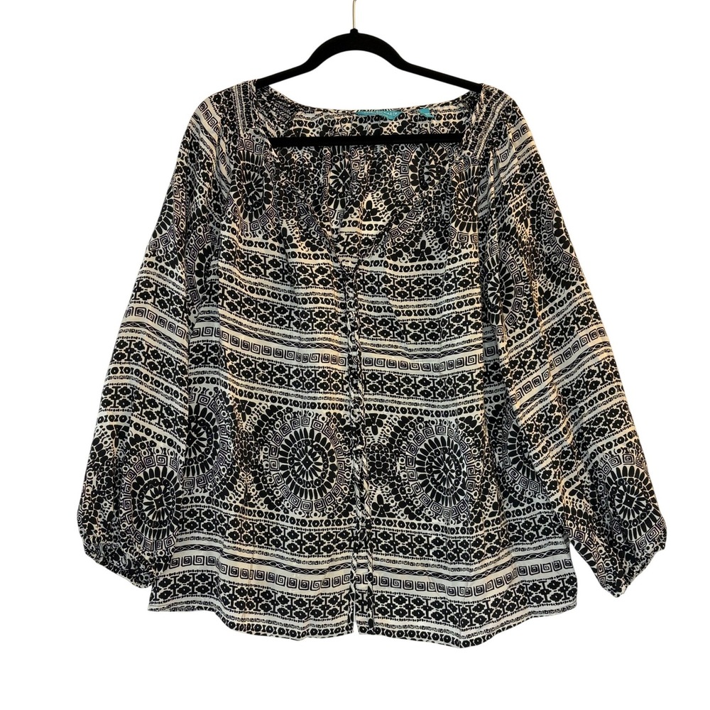 Tori Richard Silk Blouse Size 10 Womens Top Button Up Tribal Balloon Sleeve